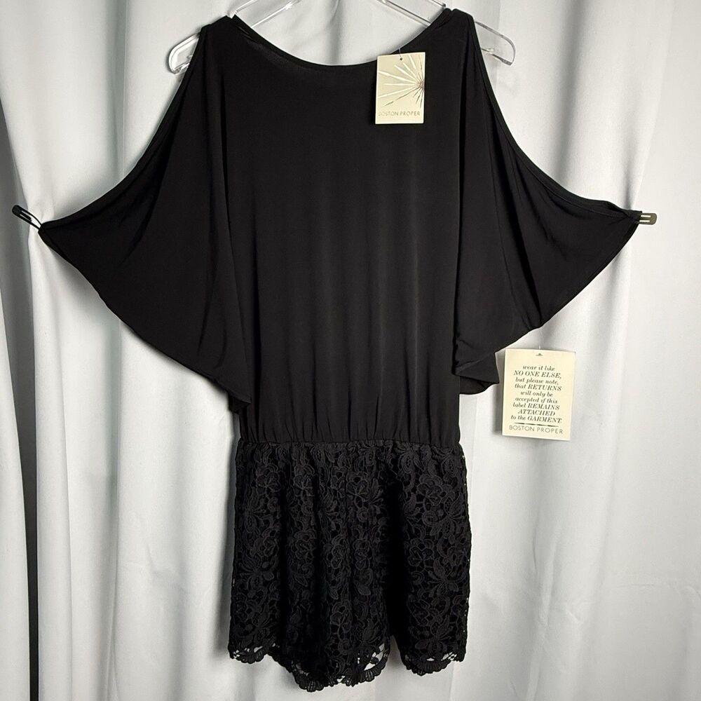 Boston Proper Cold Shoulder Crochet Bottom Black Romper Sz Small New